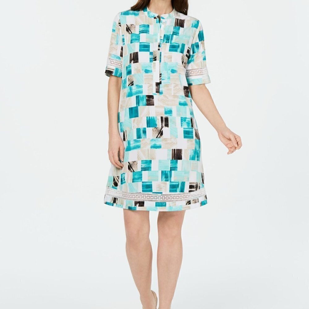 ALFANI Teal Green Print Short Sleeve Dress Size 10